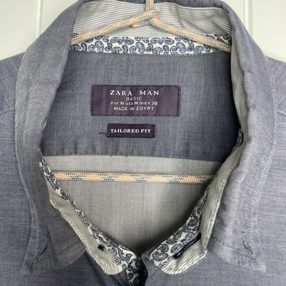 Zara Man Chambray Tailored Fit Paisley Flip Cuff Button Up Long Sleeve Med Blue - Picture 4 of 10